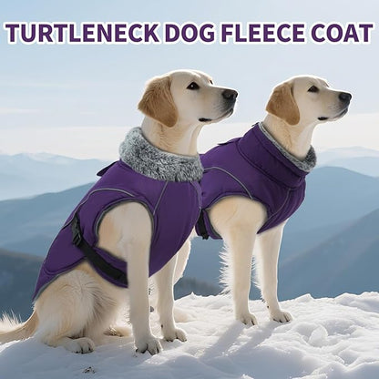 DENTRUN Large Dog Coat - Thick Fleece Lined Reflective Winter Jacket, Snap Closure & Leash Hole, Warm Thick Fleece Lined, Plush Turtleneck Vest for German Shepherd, Purple, XXL