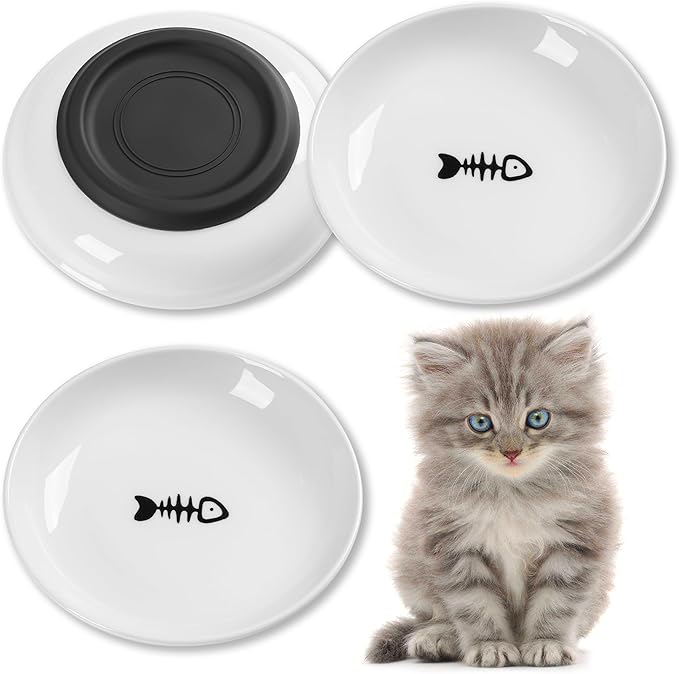 Cat Food Bowls, Whisker Friendly Ceramic Cat Bowls with Nonslip Silicone Bottom, Pack of 3 Quiet Cat Dishes and Plates for Feeding Indoor Cats, Kittens and Small Dogs(Fishbone)