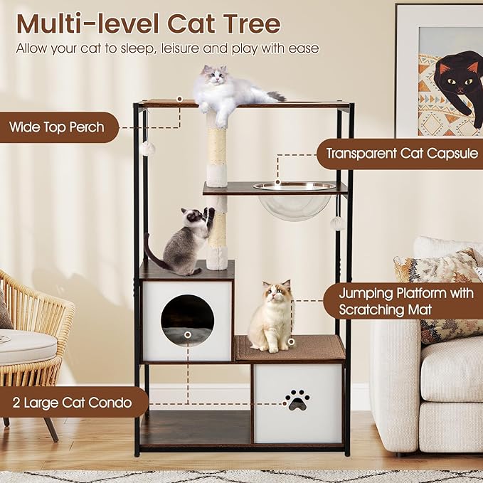 Tangkula Modern Cat Tree, 52 Inch Multi-Level Cat Tower with Metal Frame, 2 Wooden Condos, Sisal Scratching Posts, Detachable Cushion & Mats, Dangling Balls, Space Capsule Nest for Indoor Cats