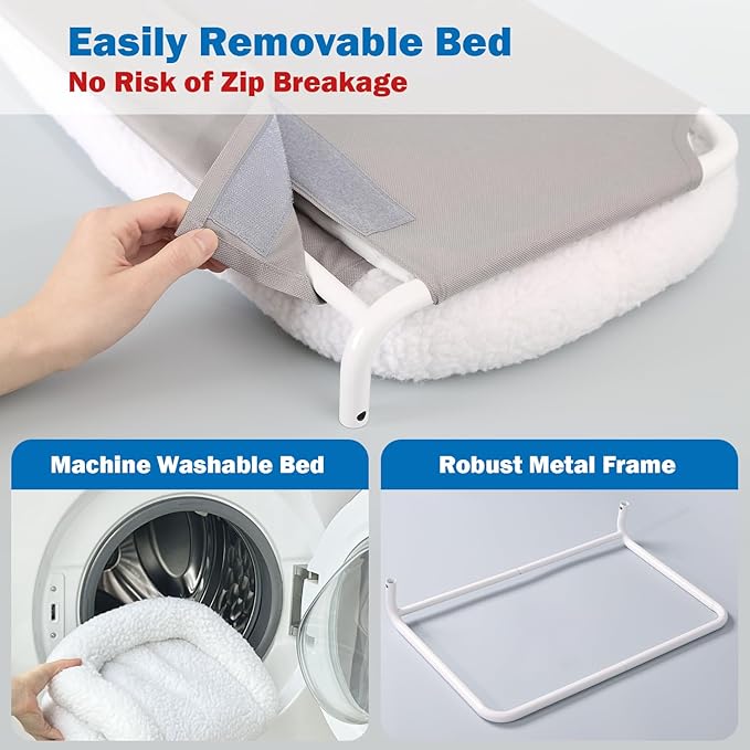 Zakkart Foldable Cat Hammock for Window - Cordless, Embeded Machine Washable Bed, Robust Metal Frame - Cat Window Perch for Large Cats and Kittens (White Bolster Bed, Medium)