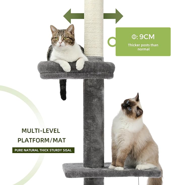 PETEPELA Floor to Ceiling Cat Tree, Cat Tower 5-Tier Height(95-107 Inches) Adjustable, Tall Cat Climbing Tree Featuring with Scratching Post, Cozy Bed,Interactive Ball Toy for Indoor Cats/Kitten Grey
