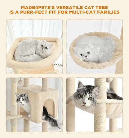 Made4Pets Tall Cat Tree, 71 Inches Cat Tree Tower for Indoor Cats Large Adult, Plush Multi-Level Cat Tower with 5 Scratching Posts, 2 Hammock, Condo and Perch, Big Cat House Indoor, Beige