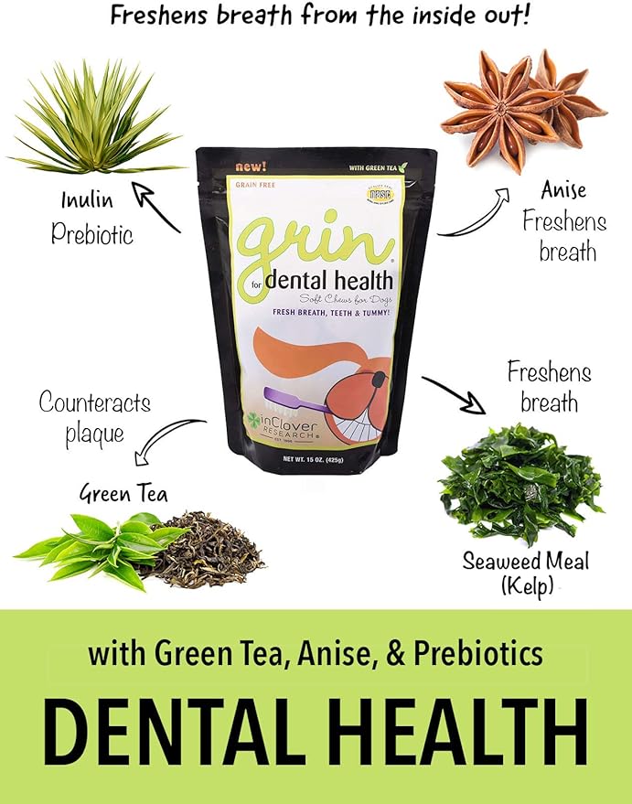 Natural Dental Treat, Grin, Fresh Breath Dog Chew Treat with Prebiotics, Fresh Breath Tartar Control, Daily Chew Supplement for Dogs Supports Dog Gums and Teeth