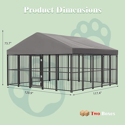10X10FT Large Dog Kennel Outside with Feeding Door, Heavy Duty Dog Cage with Roof and Double Safety Locks, Outdoor Dog Enclosure for Pets