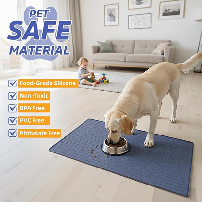 Large Dog Mats for Food and Water, 32"x24" Waterproof Pet Food Mats for Floor Nonslip Silicone Bowl Mats with Raised Edges