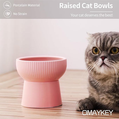 OMAYKEY Ceramic Raised Cat Bowls, Elevated Cat Food and Water Bowls Set, 15 oz Porcelain Stress Free Pet Feeder Bowl Dish for Cats and Small Dogs - Set of 2, Pink
