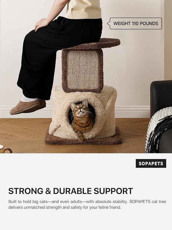 40 Inch Tall Modern Solid Wood Cat Tree Tower for Indoor Cats Large Adult, Sturdy Heavy-Duty Cat Condo with Scratching Post, Perch, Scratcher, Platform, Cozy Hideaway