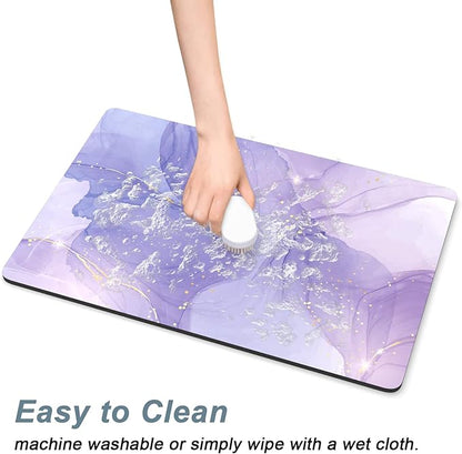 Rnivvi Dog Food Mat, 16" x 24" Marble Absorbent Dog Cat Bowl Mat for Food and Water, Cute Anti-Slip Rubber Pet Feeding Rug Protect Floors, Puppy Placemat for Feeding & Watering Supplies, Purple