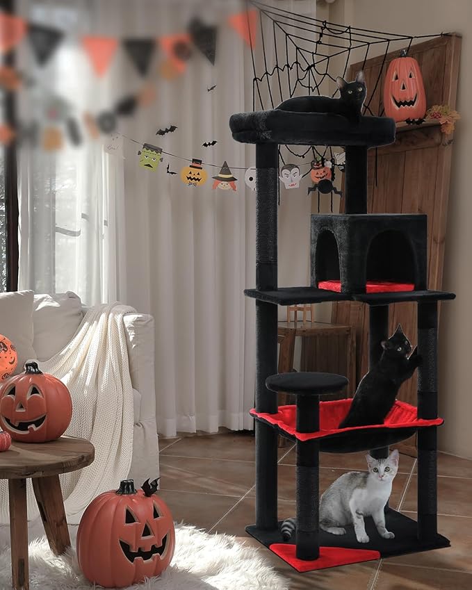 PEQULTI Cat Tree for Large Cats with Metal Frame Big Hammock, Cat Tower for Indoor Cats with 2 Door Condo House, [56.3"=143cm] Multi-Level Cat Shelves with Scratching Posts and Top Perch, Black