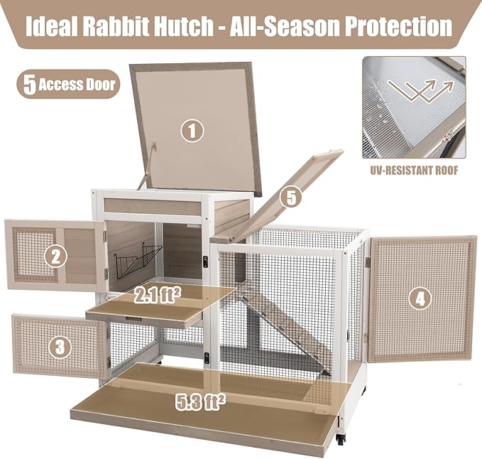 Rabbit Hutch Indoor 40" L Large 2 Story Outdoor Wooden Bunny Hutch with Run, 4 Metal Wheels & 2 Deeper Trays, UV-Proof Panel Rabbit Cage Guinea Pig Pet House for Small-Medium Animals