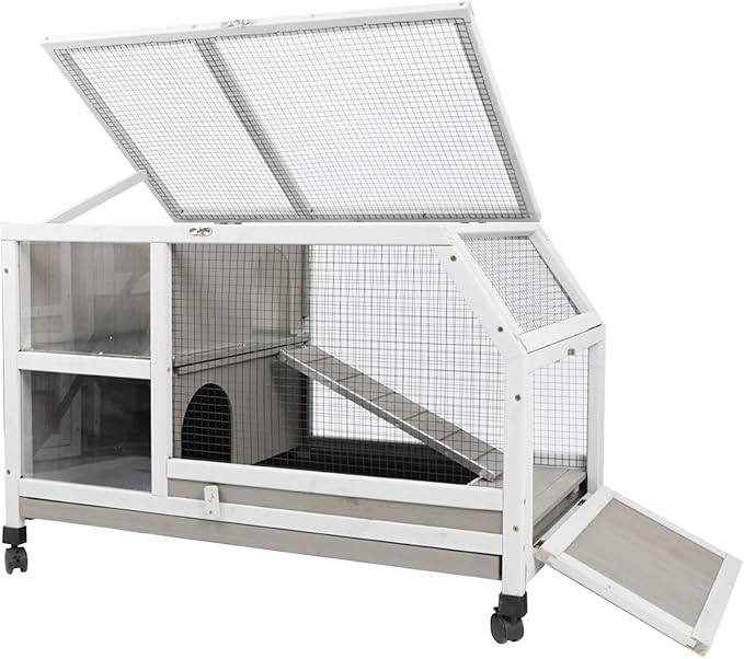 Indoor Rabbit Hutch - 36''L Outdoor Wooden Bunny Hutch with Wheels Rabbit Cage Guinea Pig Cages Removable Pull Out Tray, Ramp, Hideout, Small Animals Pet House Hamster Ferret for Bunny Cage