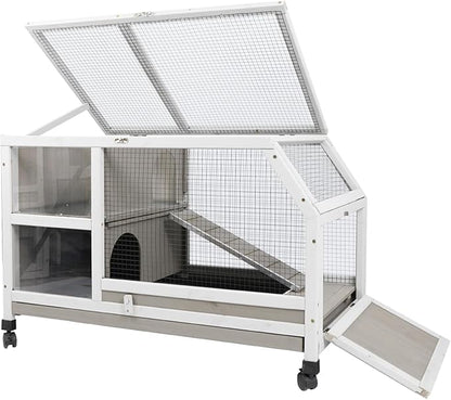 Indoor Rabbit Hutch - 36''L Outdoor Wooden Bunny Hutch with Wheels Rabbit Cage Guinea Pig Cages Removable Pull Out Tray, Ramp, Hideout, Small Animals Pet House Hamster Ferret for Bunny Cage