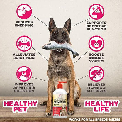 SavvyBeast Wild Alaskan Salmon Oil for Dogs, Cats & Ferrets – Omega-3 Fish Oil Pet Supplement with EPA & DHA – Supports Skin, Coat, Joints, Heart, Brain, Itch Relief & Immune – Unscented – 32 oz