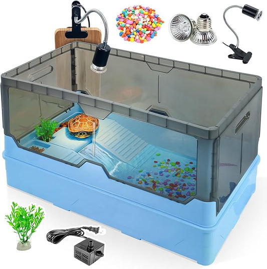 Turtle Habitat Tank Kit– Fresh Filtration, Waterplay Fun, Diverse Living, Heat Lamp, Water Pump and Convenient Water Changes in Tanks Habitat Kits Turtle cage Blue,Large