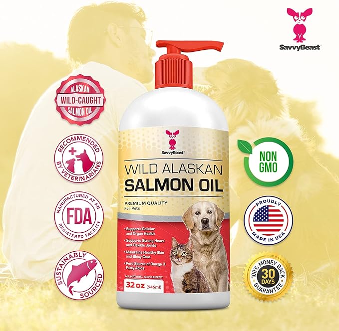 SavvyBeast Wild Alaskan Salmon Oil for Dogs, Cats & Ferrets – Omega-3 Fish Oil Pet Supplement with EPA & DHA – Supports Skin, Coat, Joints, Heart, Brain, Itch Relief & Immune – Unscented – 32 oz