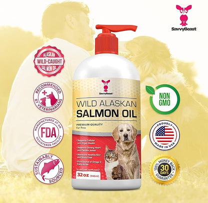 SavvyBeast Wild Alaskan Salmon Oil for Dogs, Cats & Ferrets – Omega-3 Fish Oil Pet Supplement with EPA & DHA – Supports Skin, Coat, Joints, Heart, Brain, Itch Relief & Immune – Unscented – 32 oz