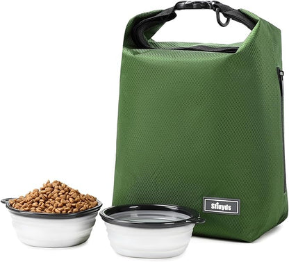Dog Food Travel Bag with 2PCS Collapsible Dog Travel Bowls,Air Tight Dog Food Storage Container(Green, Small)