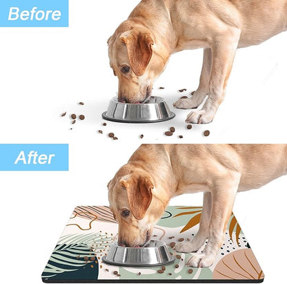 Rnivvi Dog Food Mat, 12" x 19" Boho Absorbent Dog Cat Bowl Mat for Food and Water, Cute Anti-Slip Rubber Pet Feeding Rug Protect Floors, Puppy Placemat for Feeding & Watering Supplies, Tropical Leaves