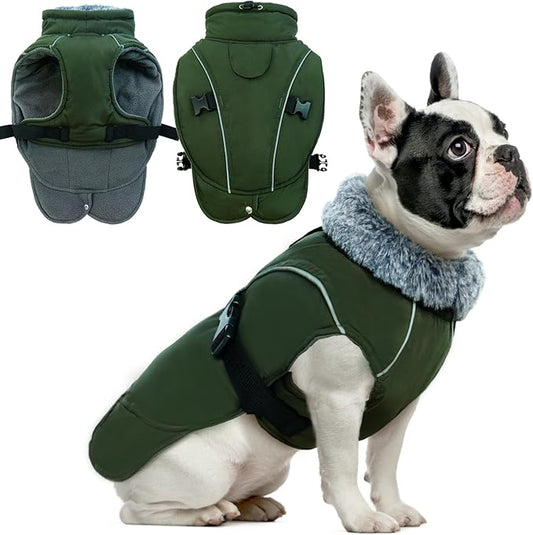 DENTRUN Medium Dog Winter Jacket - Warm Reflective Windproof Coat, Adjustable Neck & Snap Closure, Water Repellent Thick Fleece Vest, Fleece Lined for Beagle Pug, Army Green, M