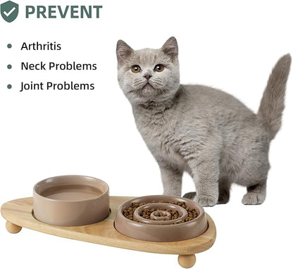 Ceramic Slow Cat Feeder Bowl, Raised Slow Cat Food Bowl, Elevated Cat Water Bowl with Wooden Stand, Pet Slow Feeder Bowl, Circle Shape. (2 x Bowl with Stand - Brown Coffee, 6inch)