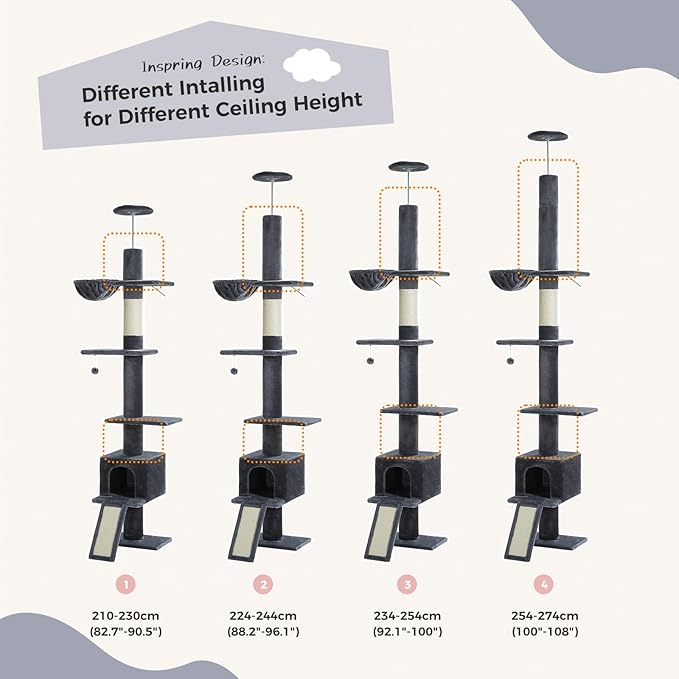 PEQULTI Cat Tree Floor to Ceiling, Tall Cat Tower, Adjustable Height (83''-108'') 5 Tiers Climbing Tree for Indoor Cats with Cat Condo, Scratching Post and Ladder, Dark Grey