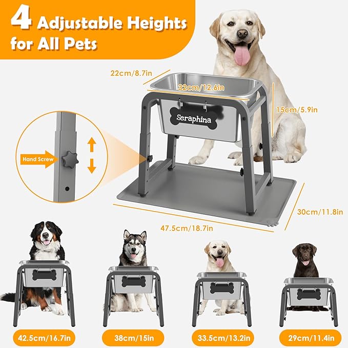 1.85 Gallon Elevated Large Dog Water Bowl with Mat, 4 Height Adjustable 12-17", Raised Dog Water Bowl Stand for Large Breed