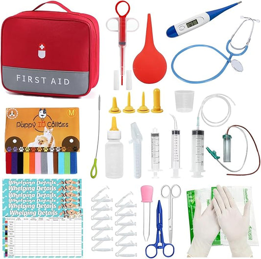 Puppy Whelping Kit, Kitten Puppy Whelping Supplies, Newborn Puppy Essentials, Whelping kit for Puppies Birth, Whelping Collars, Digital Thermometer, Stethoscope, Sputum Aspirator and More