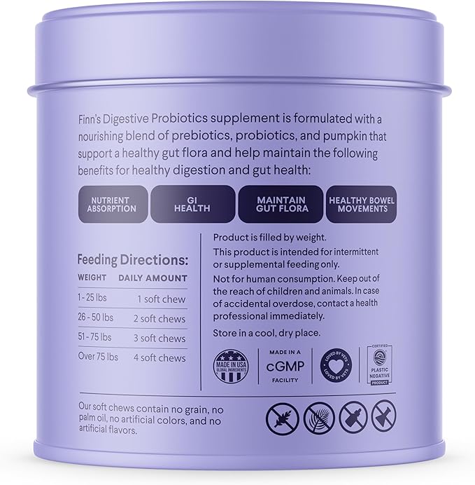 Finn Digestive Probiotics for Dogs - Complete Digestive System Support with Pumpkin, Prebiotics, & Live Probiotics - Vet Recommended & Made in The USA - 90 Soft Chews (Peanut Butter)