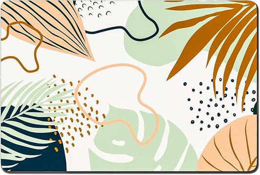 Rnivvi Dog Food Mat, 12" x 19" Boho Absorbent Dog Cat Bowl Mat for Food and Water, 3MM Anti-Slip Rubber Pet Feeding Rug Protect Floors, Puppy Placemat for Feeding & Watering Supplies, Tropical Leaves