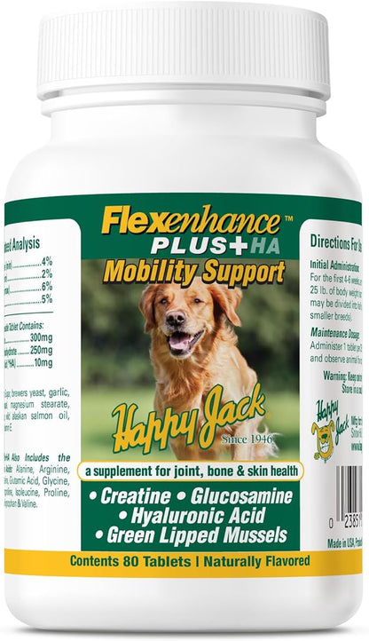HAPPY JACK Flexenhance Dog Hip and Joint Supplement with Skin & Coat Support Plus (80 Chewable Tabs), Improve Flexibility & Mobility, Glucosamine, Green Lipped Mussel, Fish Oil