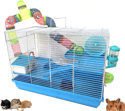 Extra Large 3-Levels Expandable and Customizable Hamster Habitat Rodent Gerbil Mouse Mice Rats Animal Critter Home Cage with Hide House Exercise Running Wheel Food Dish Water Bottle Deep Base