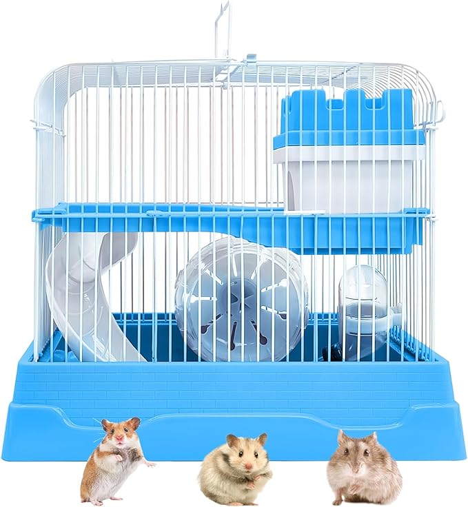 PINVNBY 2-Tier Dwarf Hamster Cage, Travel Portable Mouse Cage Gerbil Cages and Habitats Small Animal Carrier with Castle House Exercise Wheels, Water Bottle and Food Dish(Blue)