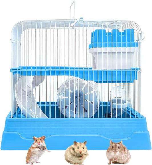 PINVNBY 2-Tier Dwarf Hamster Cage, Travel Portable Mouse Cage Gerbil Cages and Habitats Small Animal Carrier with Castle House Exercise Wheels, Water Bottle and Food Dish(Blue)
