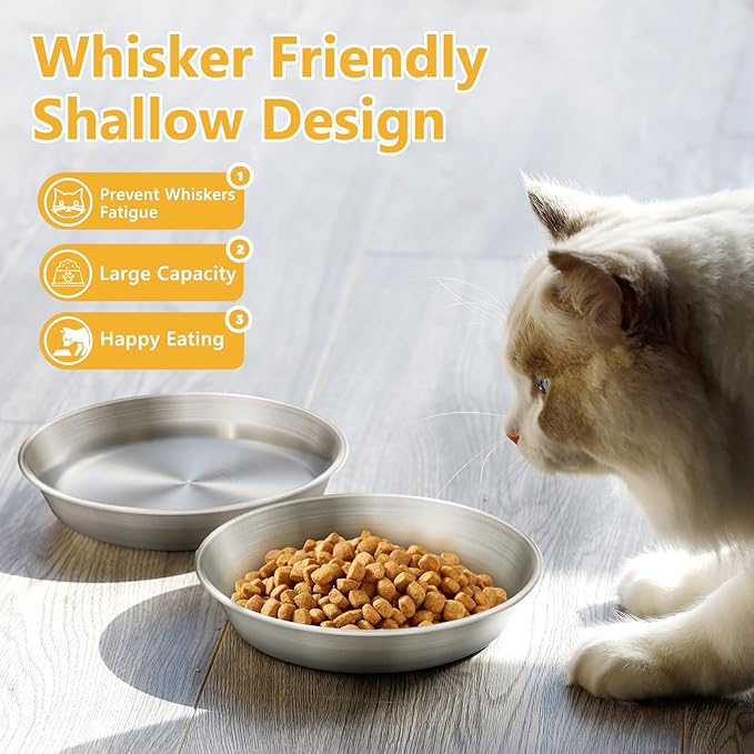 2-Pack Stainless Steel Cat Food Bowls – Deep Whisker-Friendly Non-Slip Silicone Base,Easy to Clean Indoor Feeding Dishes(5.9")