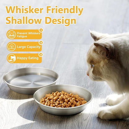 2-Pack Stainless Steel Cat Food Bowls – Deep Whisker-Friendly Non-Slip Silicone Base,Easy to Clean Indoor Feeding Dishes(5.9")