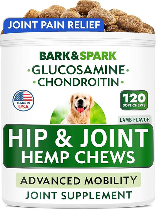 BARK&SPARK Advanced Hemp Chews for Dog Joint Pain Relief - Glucosamine Chondroitin Hemp Treats Hip Joint Health - Joint Supplement Large Breed & Small - Treats Joints Old Senior Dog