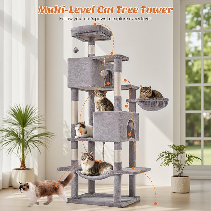 Sweetcrispy 66 inch Cat Tree Tower, Large Multi Level Cat Climbing Tower with Condo, Natural Sisal Scratching Posts, Extended Platform, Hammock, Pet House for Indoor Cats and Kittens Play, Grey