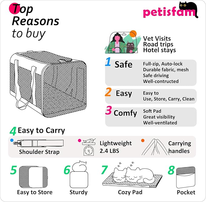 petisfam Top Loading Soft Pet Carrier Bag for Easy Vet Visits with Medium or Large Cats (Large, Black w/Red Trim)