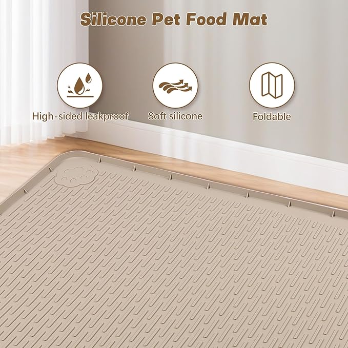 Cat Food Mat, 34" x 22" Large Silicone Pet Feeding Mat for Food and Water Bowls Non-Slip, Easy to Clean (Beige)