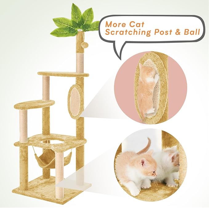 55" Cat Tree for with Green Leaves, Multi-Level Large Cat Tower with Hammock, Plush Cat House with Hang Ball Toy and Sisal Scratching Posts Furniture, Beige