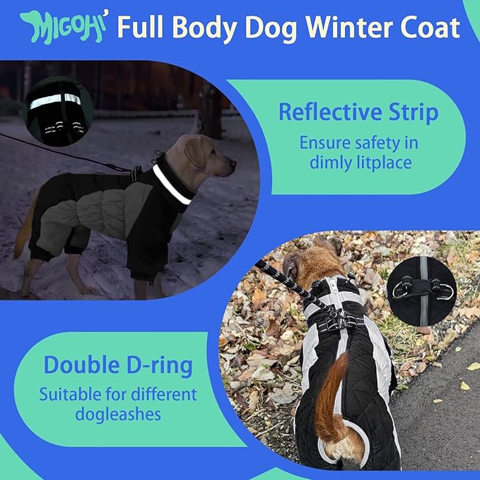MIGOHI Full Body Dog Coat - Warm Reflective Winter Coat with Harness, Turtleneck Fleece Jacket for Small to Large Dogs - Four-Legged Snowsuit with Zipper