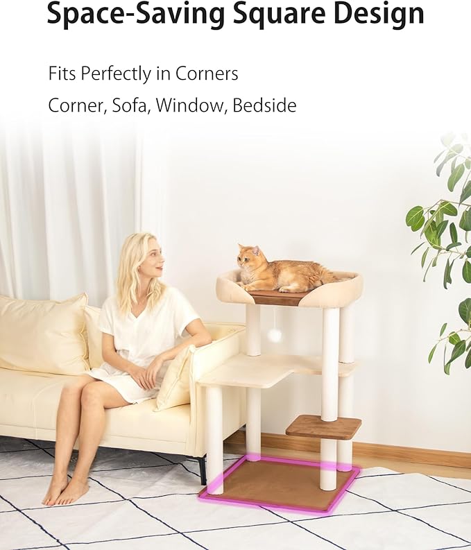 Cat Tree for Indoor Cats Large Adult, Modern Cat Tree Tower with Sisal-Covered Scratching Posts, Cozy Perches, Hammocks, and Interactive Toys for Kittens, 37.4'' Cream