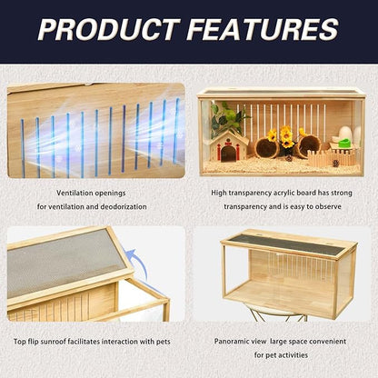Hamster Cage and Habitats Chewproof Wooden Small Animal Cage for Rutin Chicken Guinea Pig Chinchilla Gerbil Reptile Solid Built L