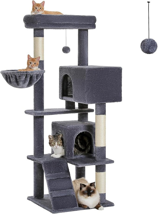 PEQULTI 56.3'' Cat Tree for Large Cats with Super Large Top Perch, Tower for Indoor Cats with Hammock and Sleeping Bag, Cat Shelves with Scratching Posts and 2 Condos Houses Dark Grey