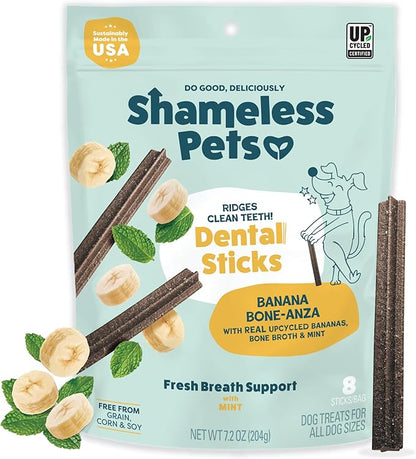 Shameless Pets Dental Treats for Dogs, Banana Bone-Anza - Healthy Dental Sticks with Hip & Joint Support for Teeth Cleaning & Fresh Breath - Chews Free from Grain, Corn & Soy