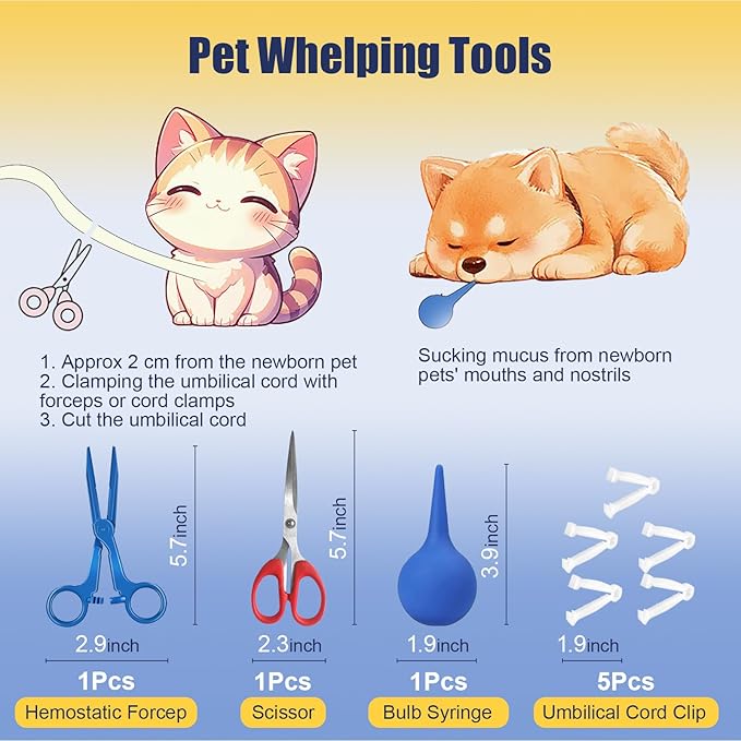 Puppy Kitten Whelping Kit, Whelping Kit with Feeding Nipple Bottle Stethoscope Scissors Cord Clamps Aspirator etc Full kit