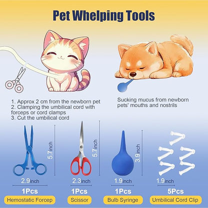 Puppy Kitten Whelping Kit, Whelping Kit with Feeding Nipple Bottle Stethoscope Scissors Cord Clamps Aspirator etc Full kit