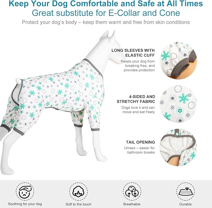 LovinPet Pitbull Onesie Shedding Suits for Dogs, Pet Anxiety Relief PJ's, Uv Protection Dog Tshirt,Comfy Stretchy Fabric,Mint Floral Print,Large Dog Pjs,Pullover Pitbull Clothes for All Seasons,2XL