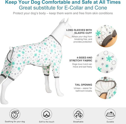LovinPet Pitbull Onesie Shedding Suits for Dogs, Pet Anxiety Relief PJ's, Uv Protection Dog Tshirt,Comfy Stretchy Fabric,Mint Floral Print,Large Dog Pjs,Pullover Pitbull Clothes for All Seasons,2XL