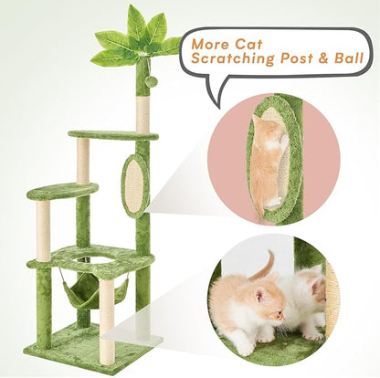 55" Cat Tree for with Green Leaves, Multi-Level Large Cat Tower with Hammock, Plush Cat House with Hang Ball Toy and Sisal Scratching Posts Furniture, Green